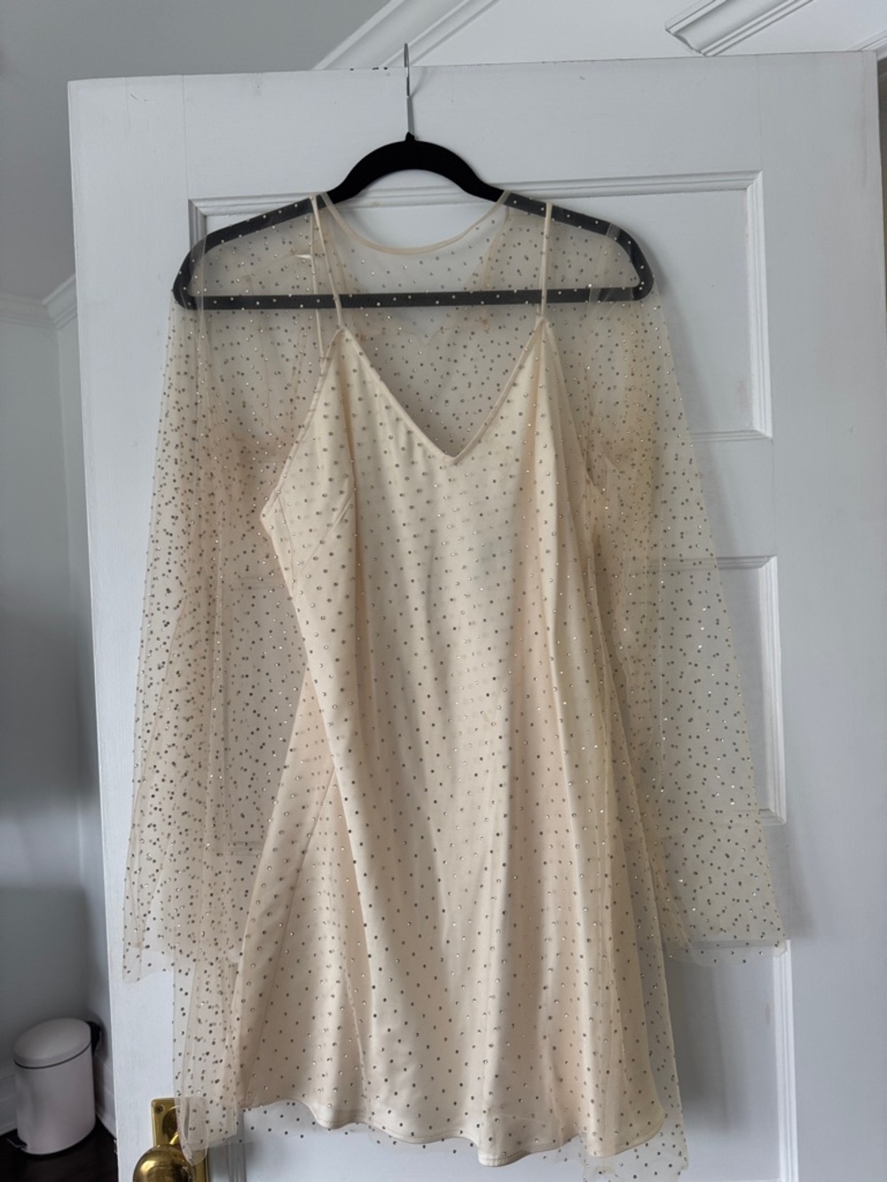 Zara Cream Mini Slip Dress with Sparkle Sheer Overlay